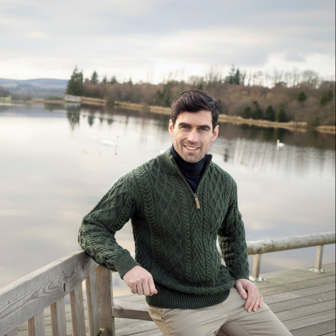 Aran Crafts | Donegal Quarter-zip Sweater - Army Green