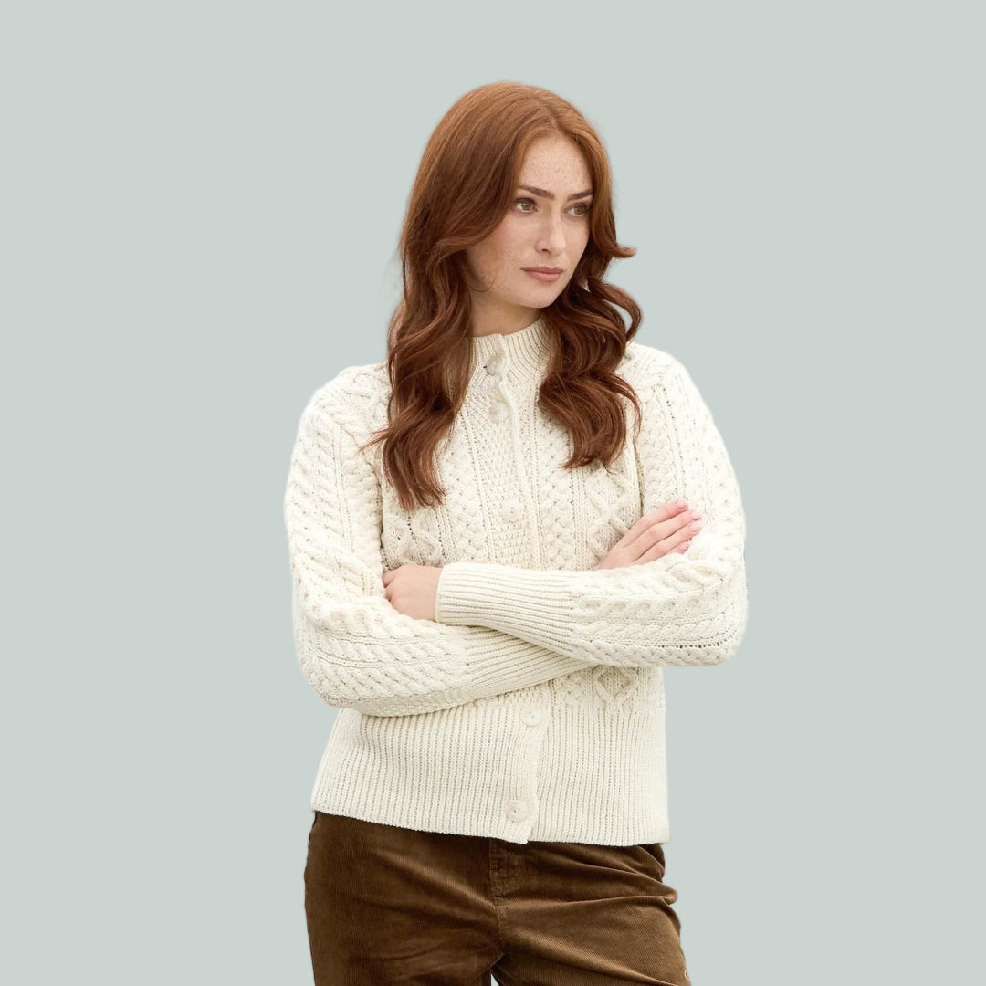 Aran Crafts | Wide Band Button Cardigan Sweater - Natural
