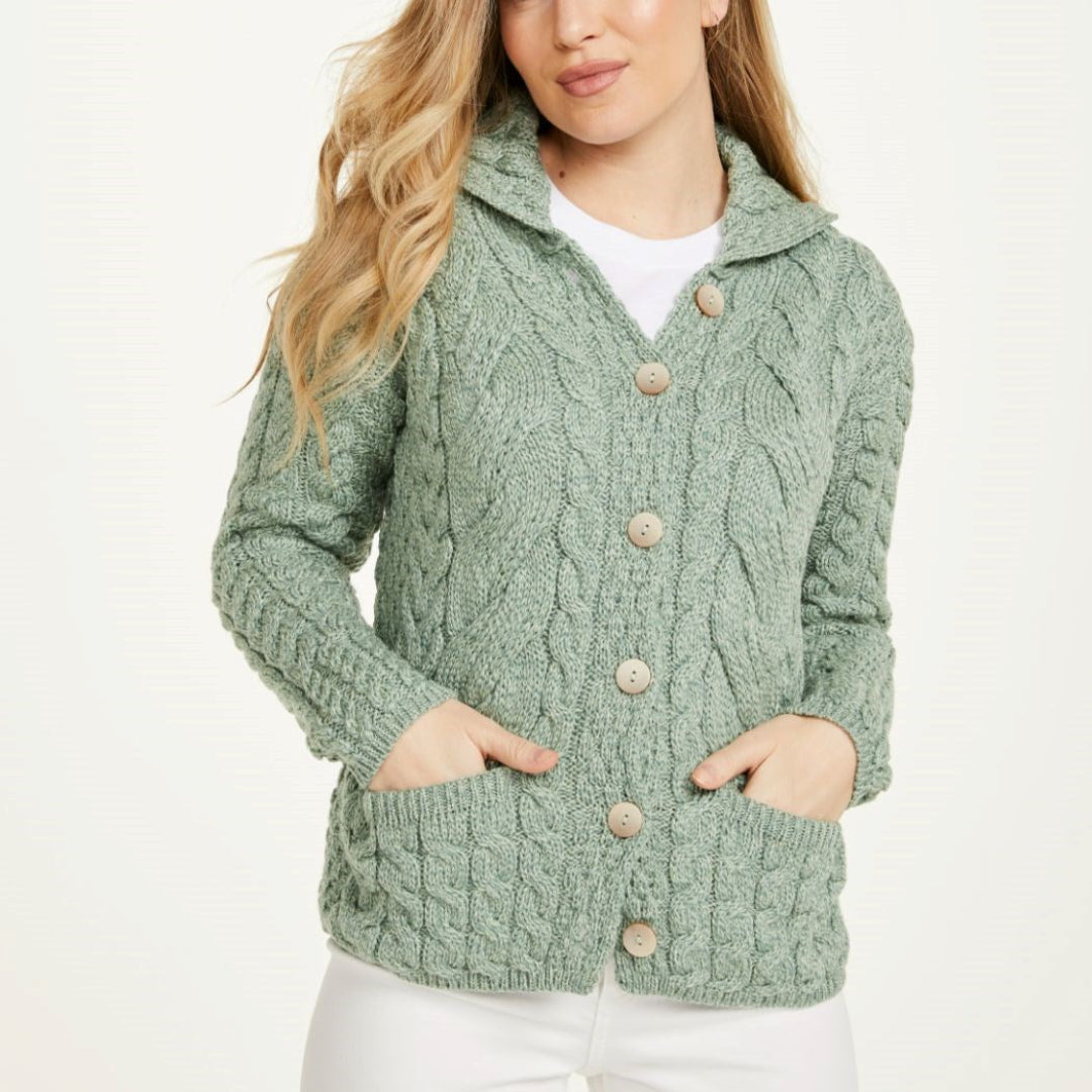 Aran Woollen Mills | Buttoned Cable Knit Cardigan - Seafoam Green