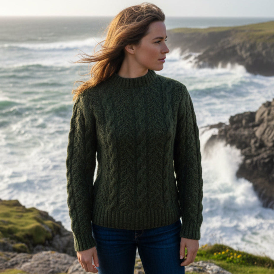 Deer Park | Merino Cable & Eyelet Sweater - Green