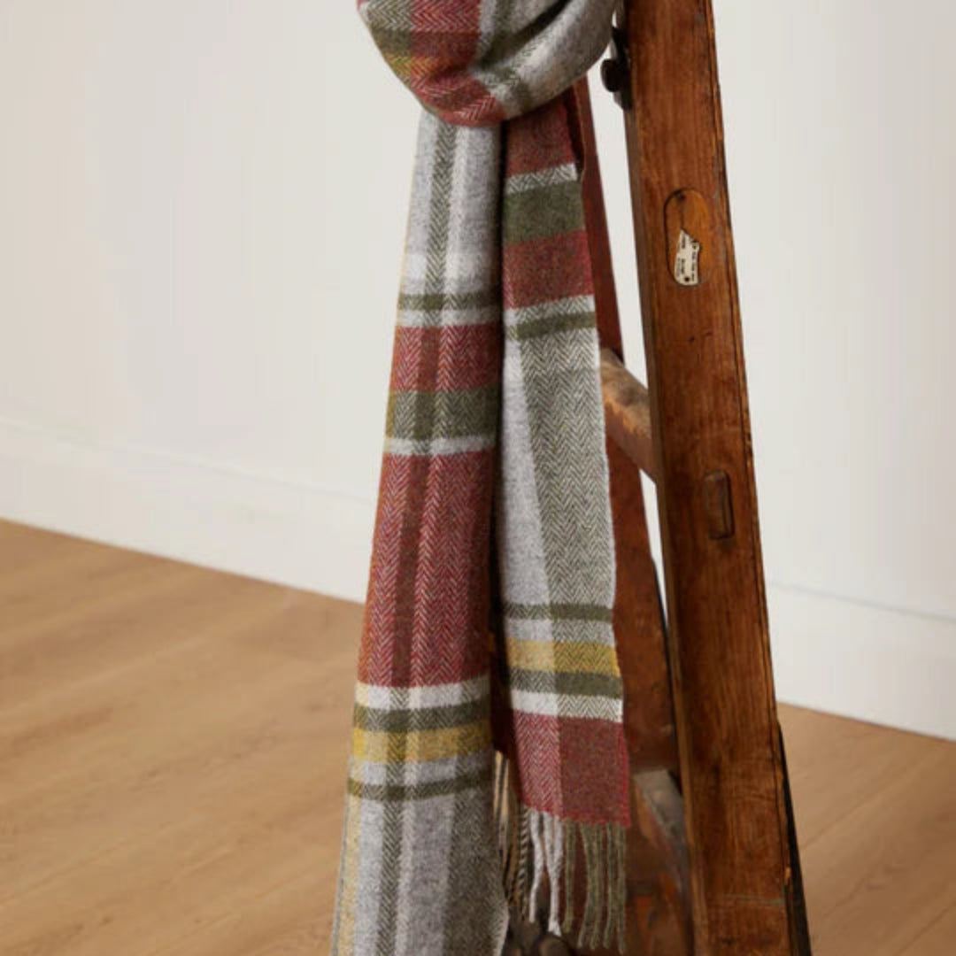 Foxford Woollen Mills | Lambswool Scarf - Rust & Green Tartan