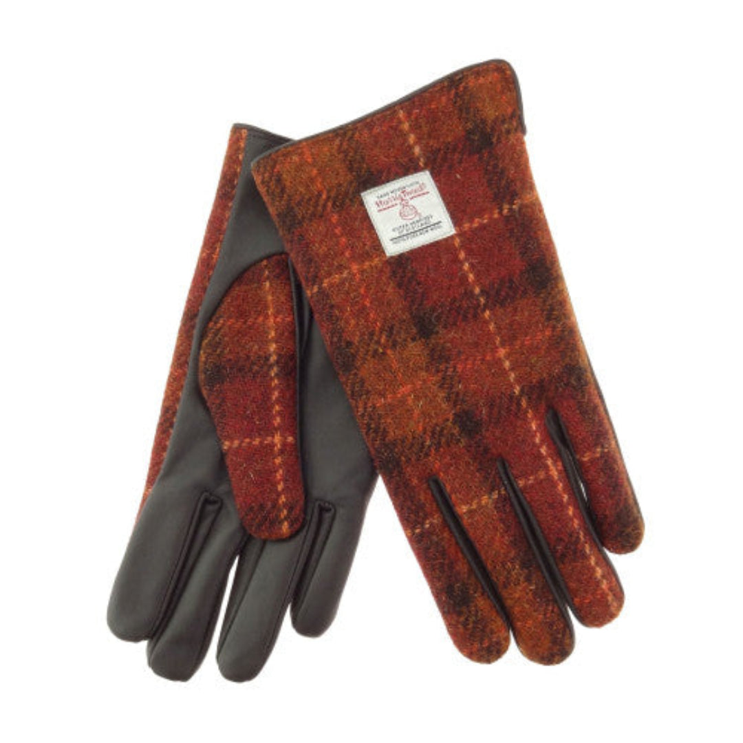 Harris Tweed | Women`s Leather Gloves - Rust with Orange Overcheck