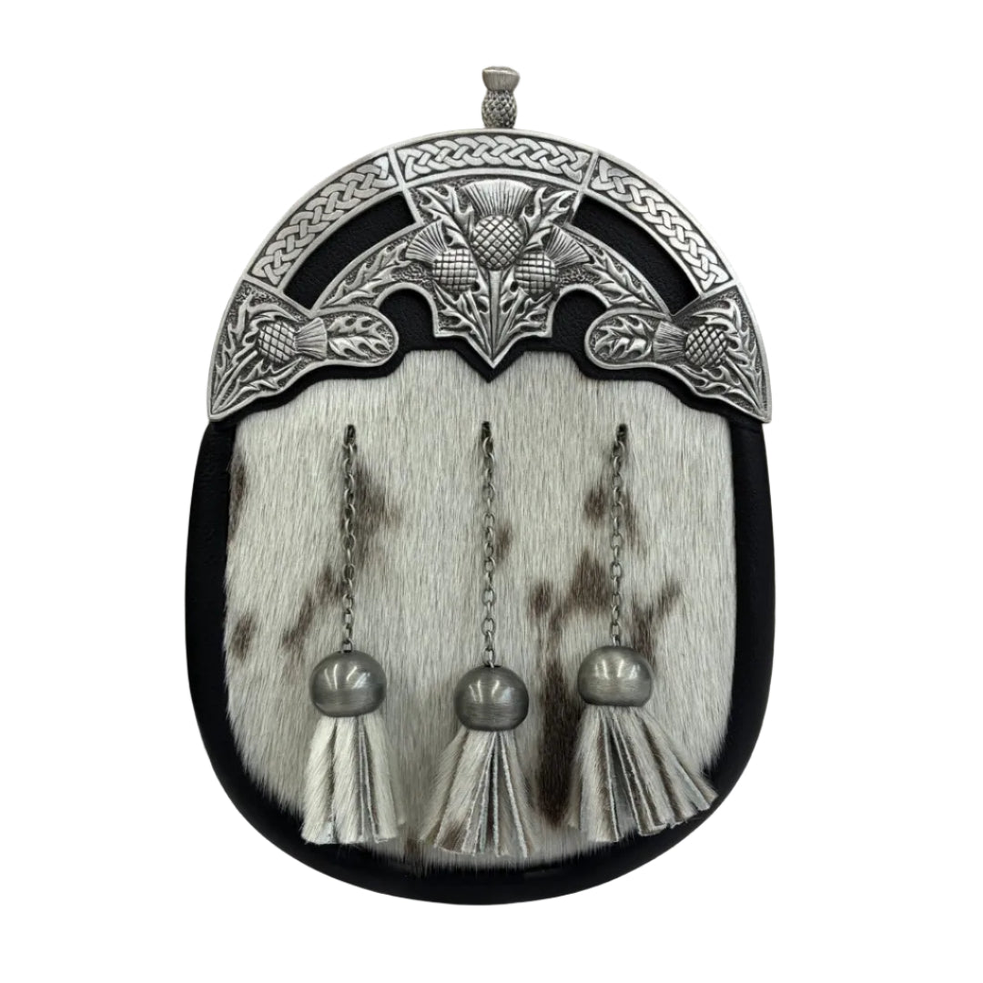 Semi-formal Sporran | Black Leather & Natural Hide - Matte Chrome Mantle