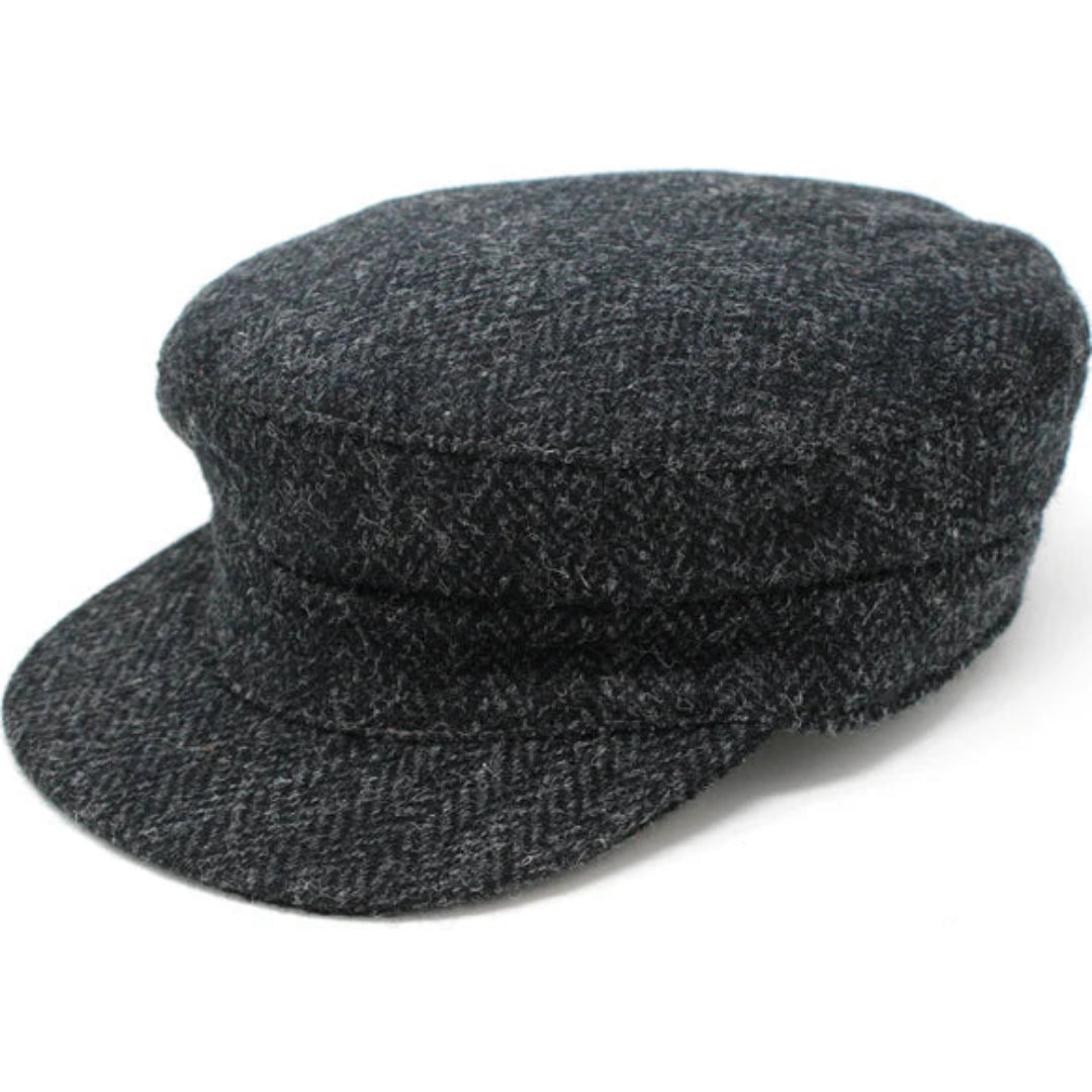 Hanna hats herringbone tweed charcoal skipper hat