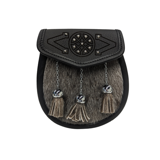 Day Sporran | Black Leather & Brown Fur Celtic Design