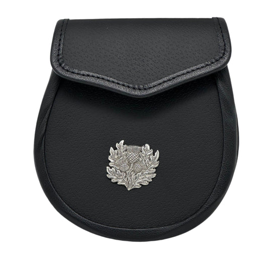 Day Sporran | Black leather with thistle pewter medallion