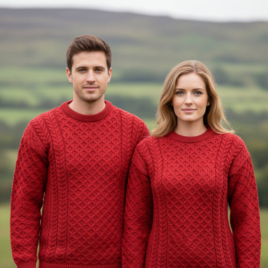 Aran Crafts | Aran Knit Unisex Crewneck Sweater - Cherry Red