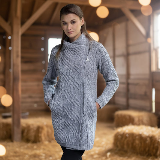 Aran Crafts | Cable Knit Side Zip Cardigan - Soft Grey