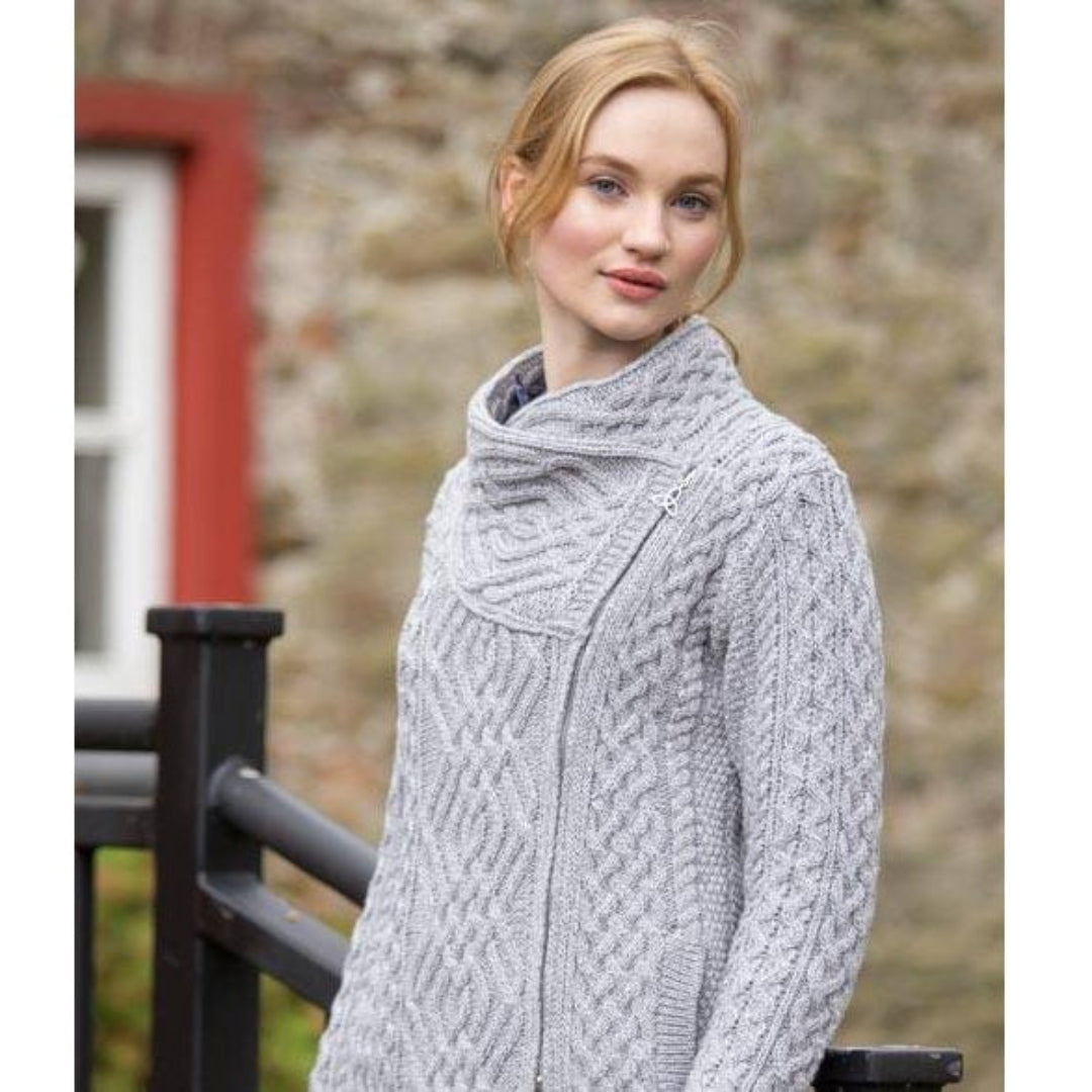 Aran Crafts | Cable Knit Side Zip Cardigan - Soft Grey