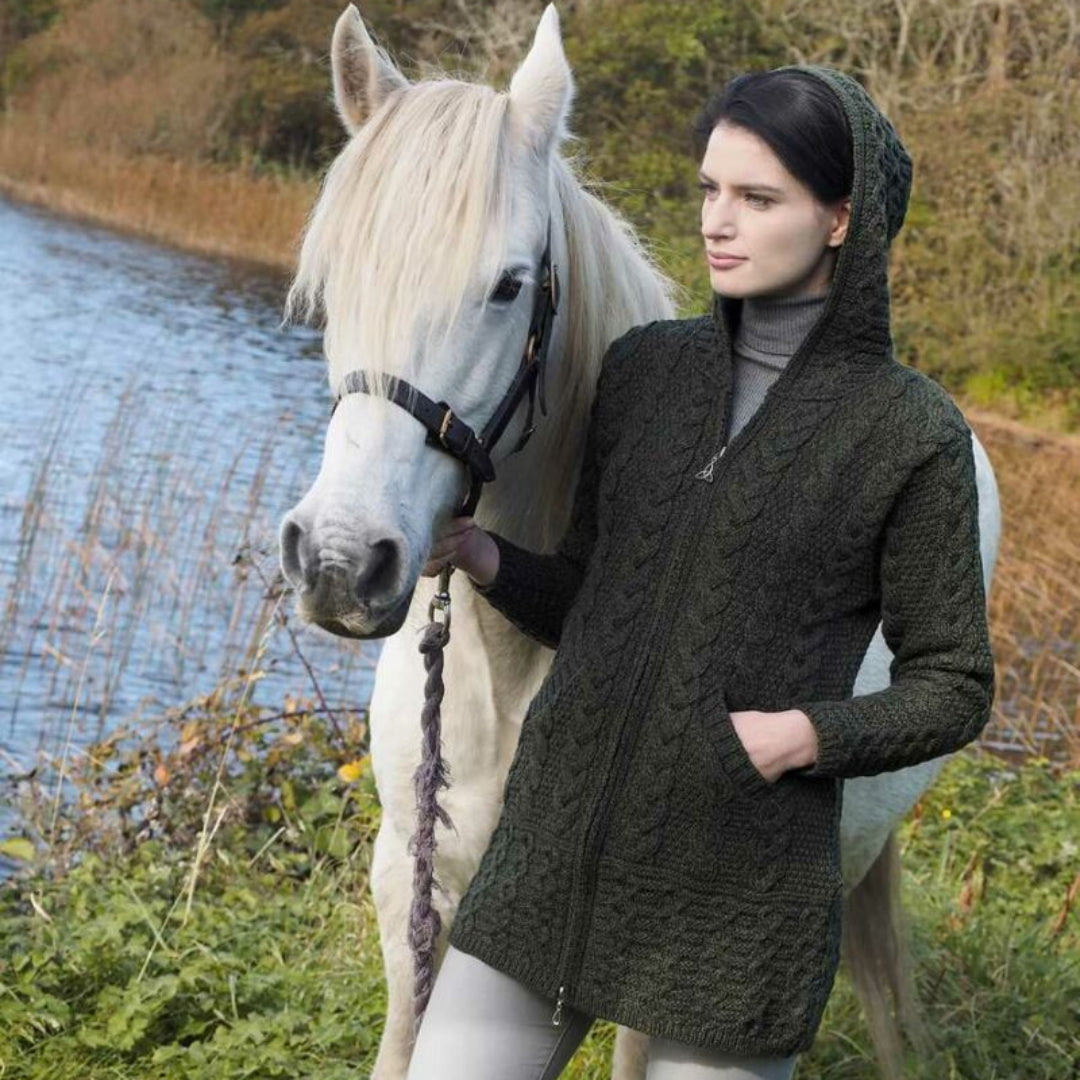 Aran Crafts | Hooded Zip Sweater - Army Green