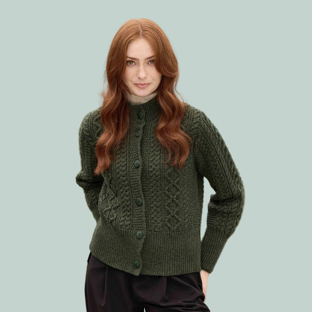 Aran Crafts | Wide Band Button Cardigan Sweater - Army Green