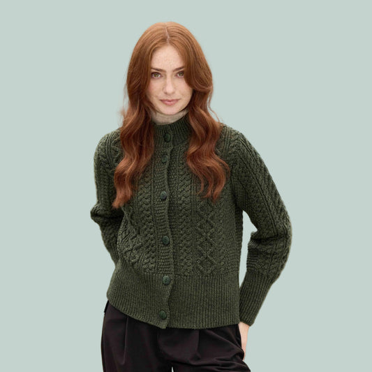 Aran Crafts | Wide Band Button Cardigan Sweater - Army Green