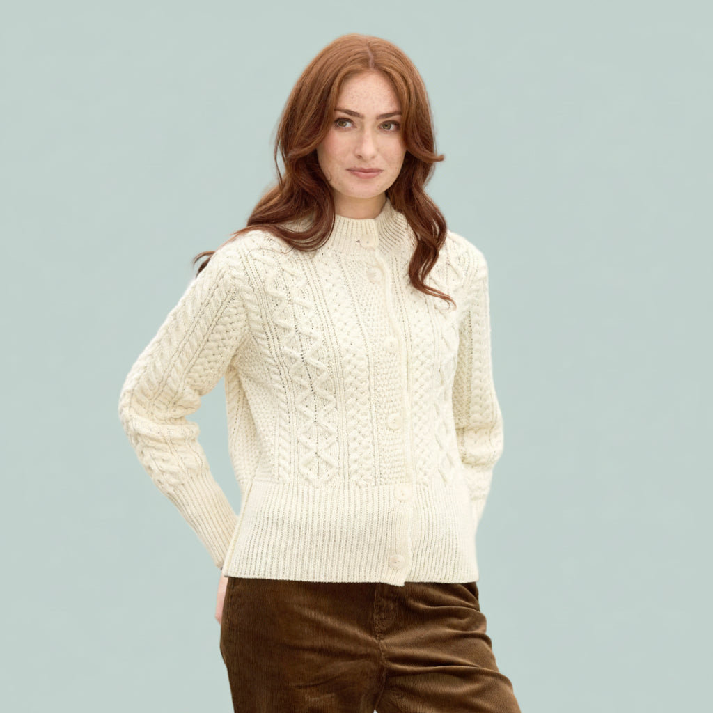 Aran Crafts | Wide Band Button Cardigan Sweater - Natural