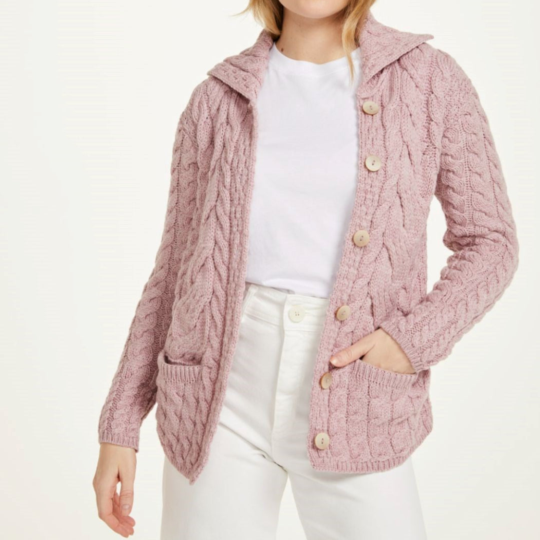 Aran Woollen Mills | Buttoned Cable Knit Cardigan - Winter Rose