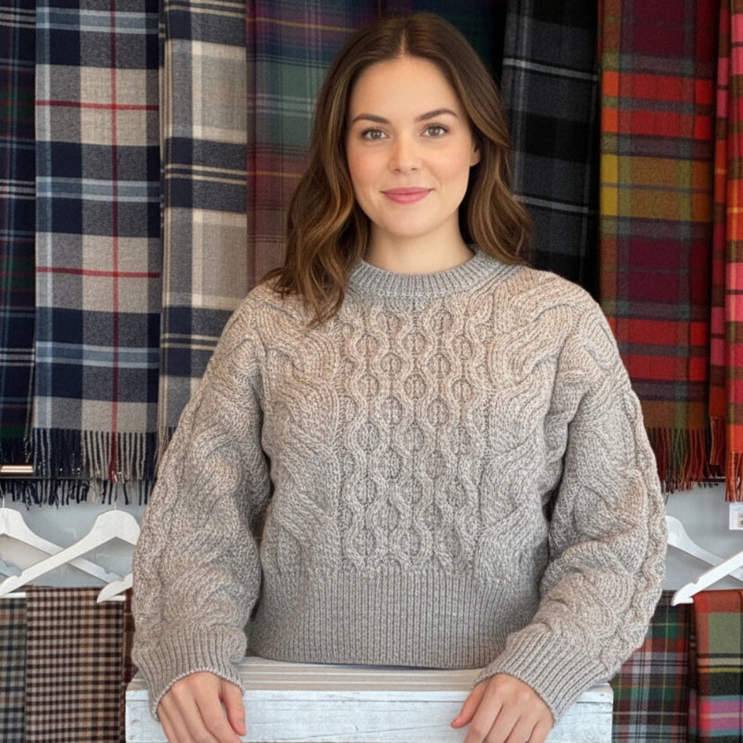 Aran cable knit cropped merino sweater