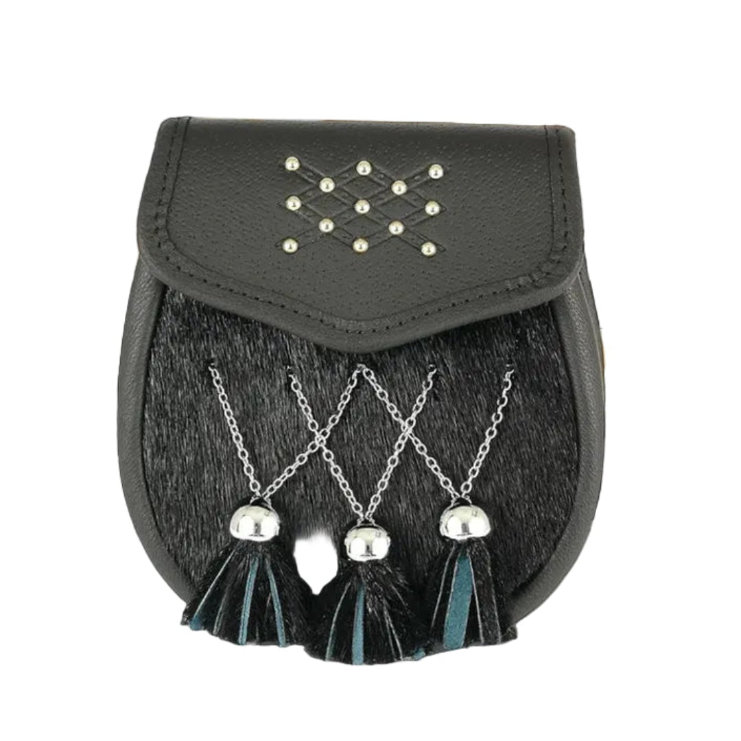 black leather day sporran with criss-crossed chrome  tassels and celtic stud on flap