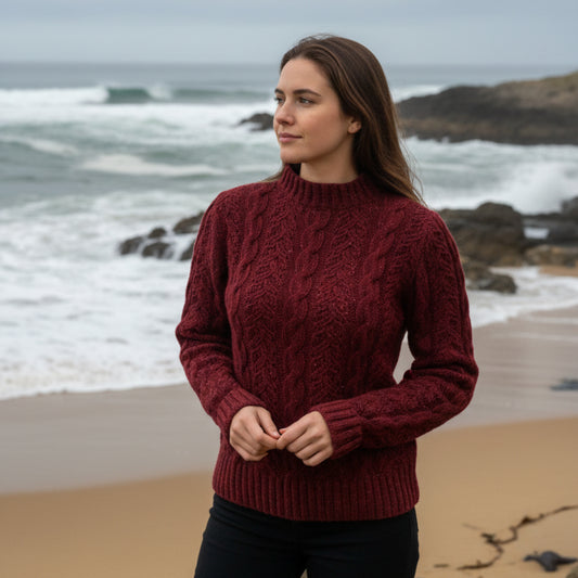 Deer Park | Merino Cable & Eyelet Sweater  - Deep Red
