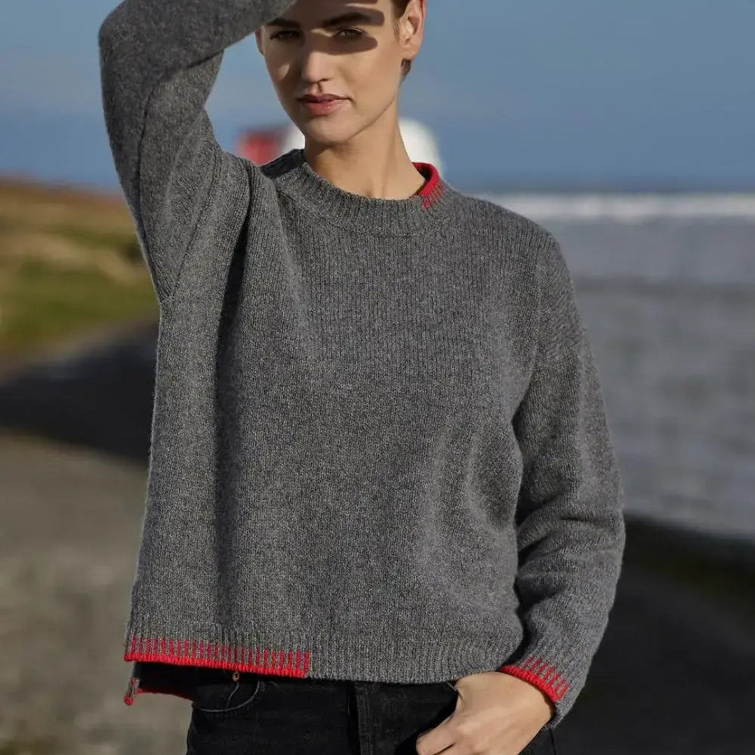 Fisherman Out Of Ireland | Merino Wool & Cashmere Sweater - Grey/Lifebouy