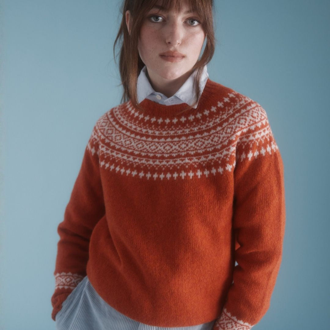 Harley of Scotland | Fairisle Sweater - Flame/ Snow White