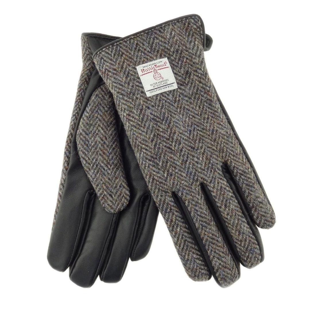 Harris Tweed | Men's Leather Gloves - Brown & Blue Herringbone
