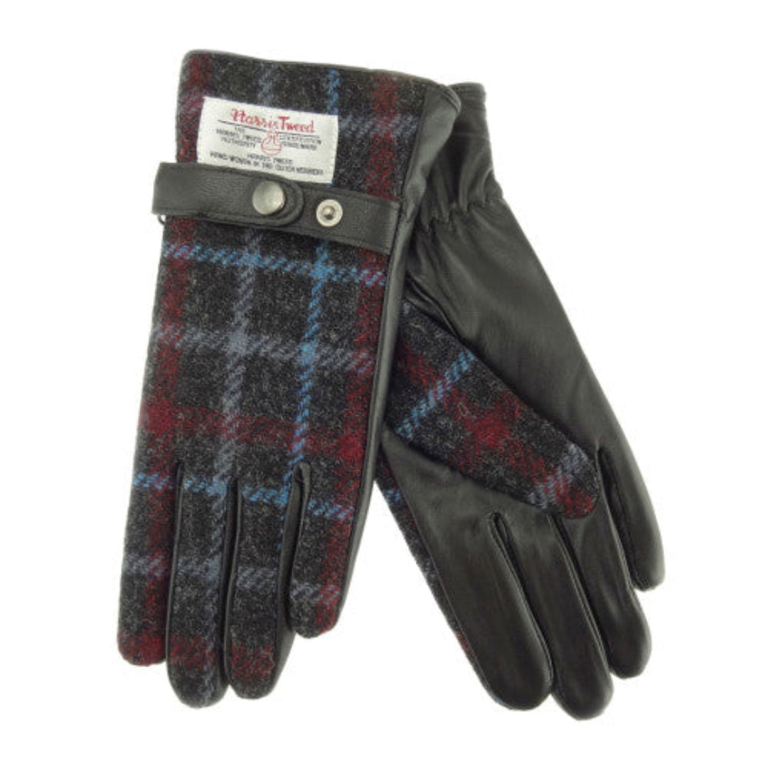 Harris Tweed | Women`s Leather Gloves - Charcoal, Blue & Maroon