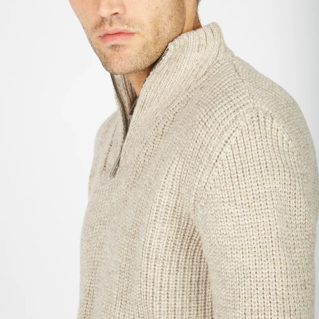 Irelands Eye | Reefer Ribbed Zip Neck Sweater - Stone
