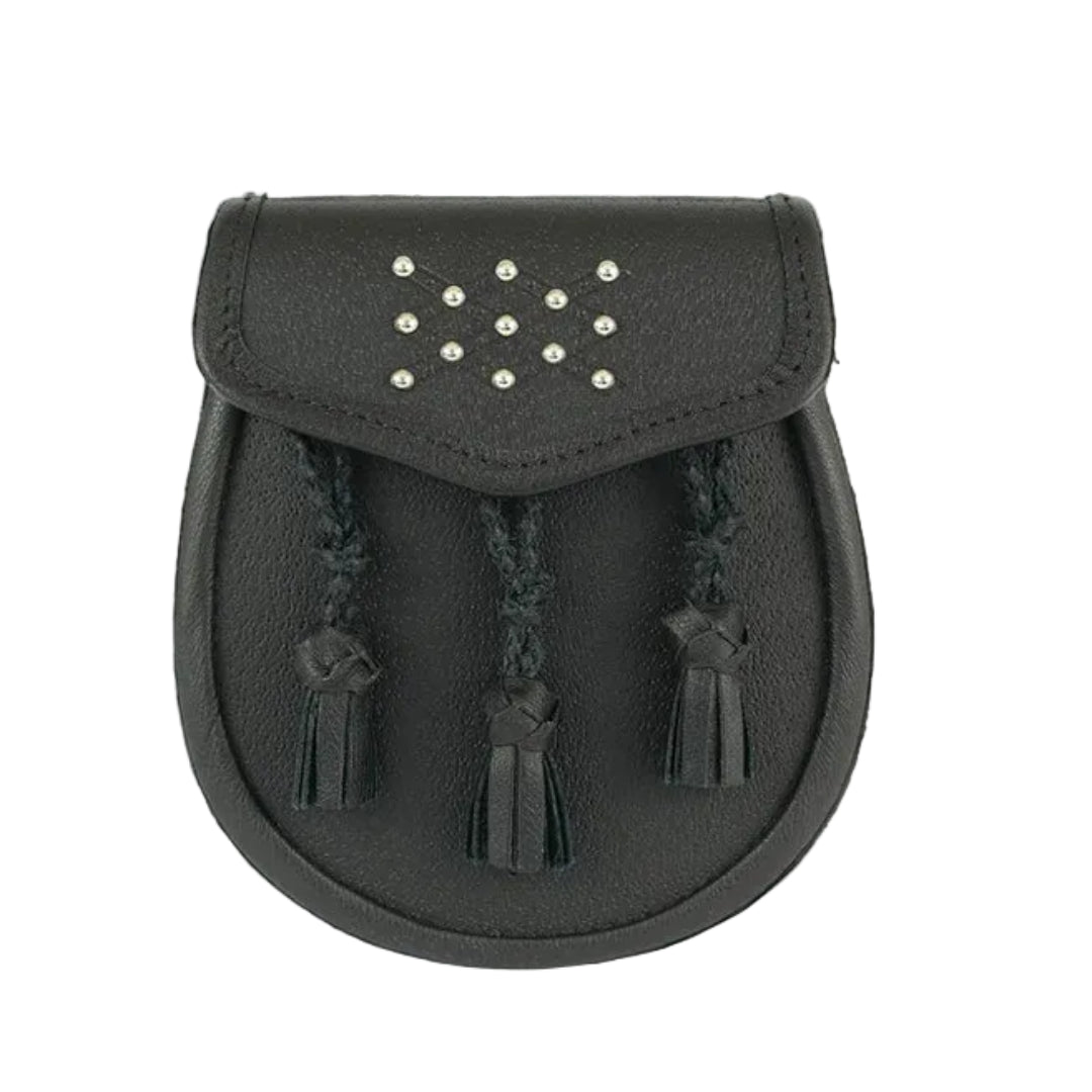 black leather day sporran with leather braided tassles