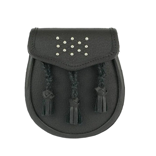 black leather day sporran with leather braided tassles