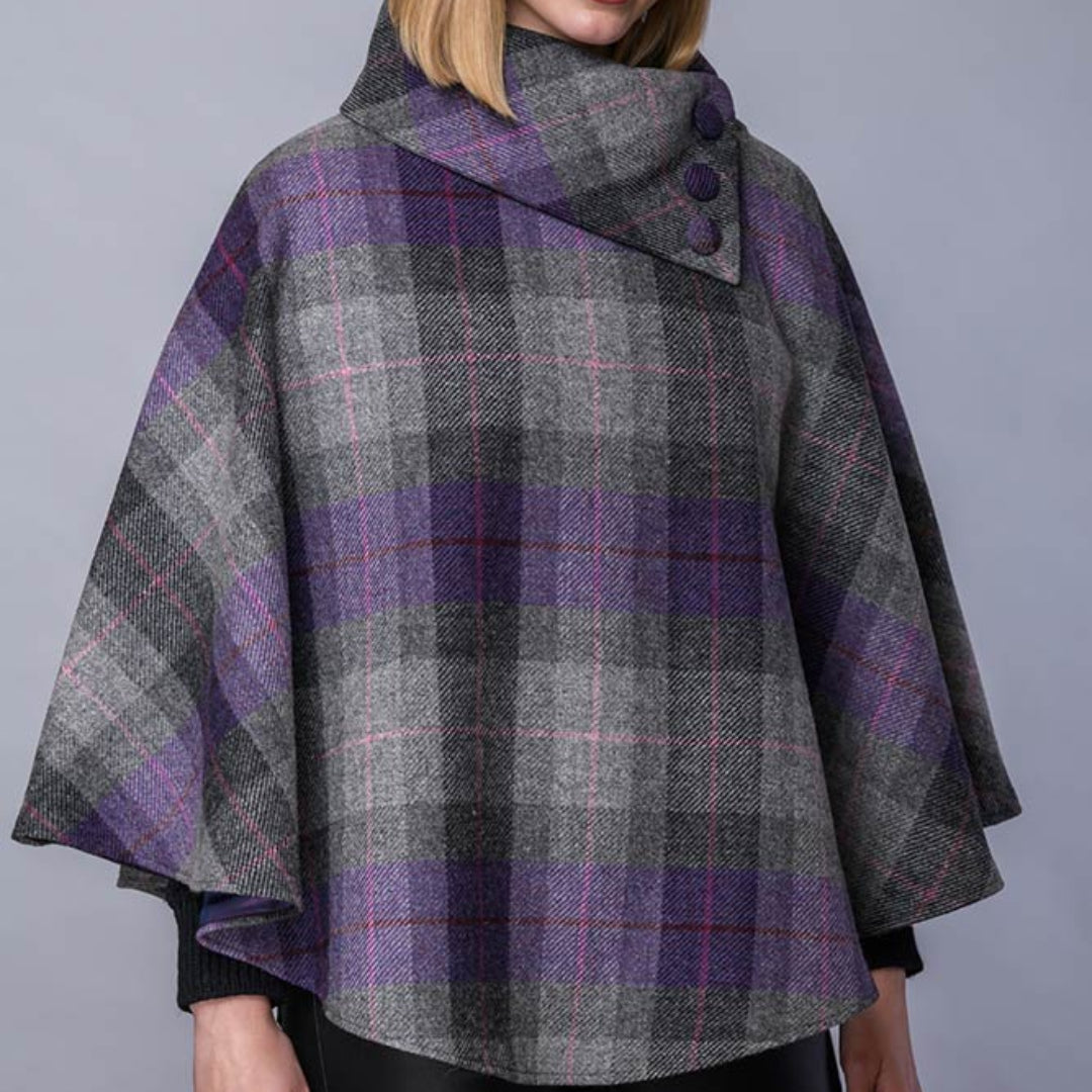Mucros | Tweed Poncho - Purple Grey Plaid