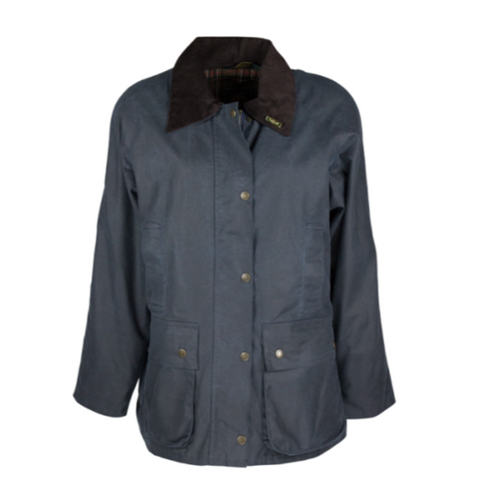 A navy blue waxed cotton jacket with a corduroy collar, 2-way zipper, 2 patch pockets, 2 hand warmer pockets, and elasticated cuffs.