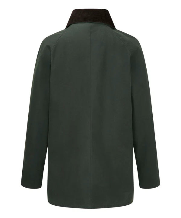Green waxed cotton women's barn jacket with black corduroy collar