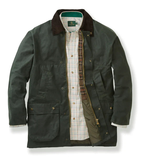 Green waxed cotton jacket with plaid lining and a corduroy collar
