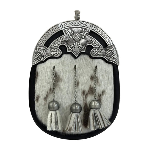 Semi-formal Sporran | Black Leather & Natural Hide - Matte Chrome Mantle