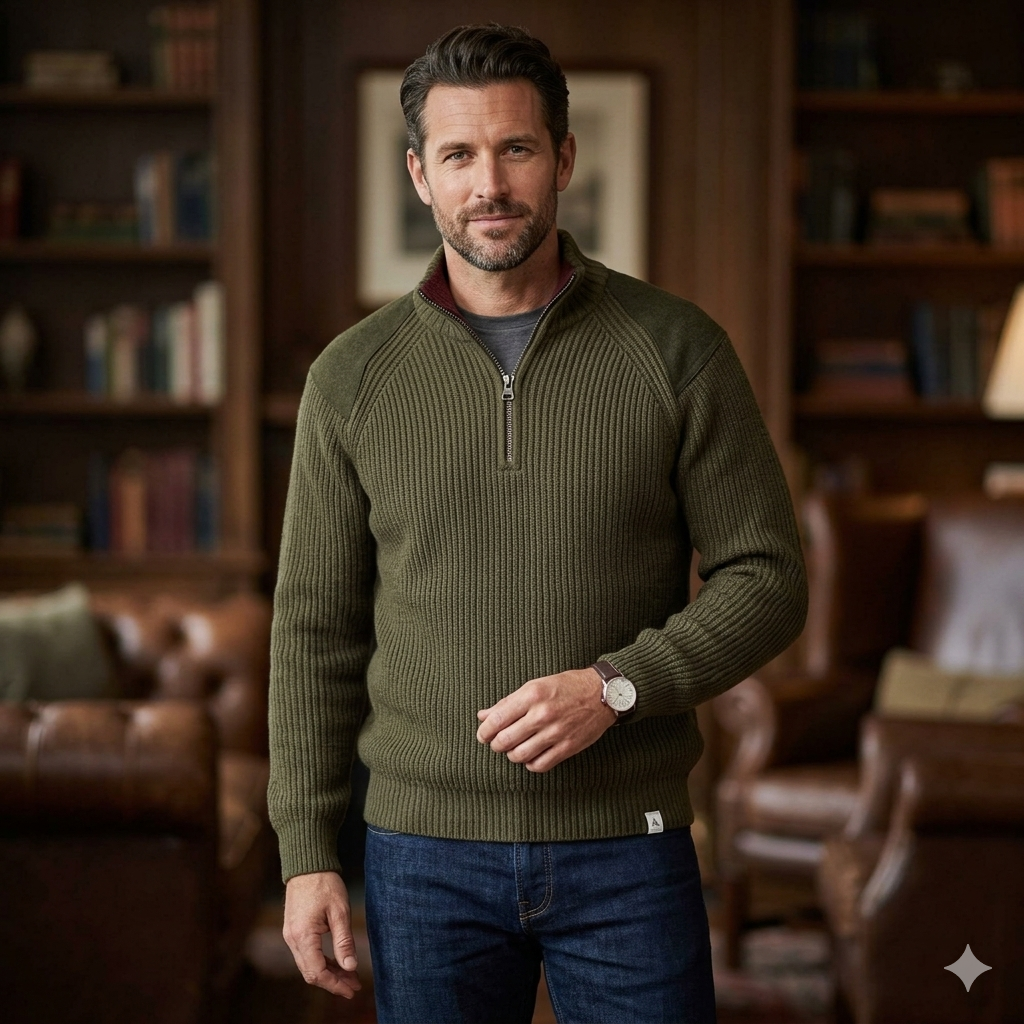 Peregrine | Foxton Quarter-zip Sweater - Olive