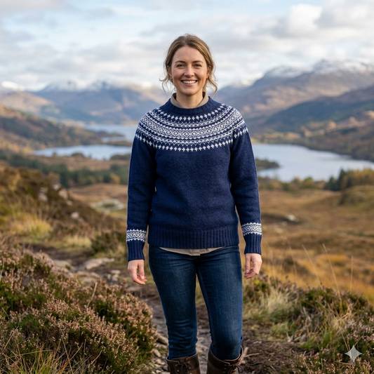 Harley of Scotland | Fair Isle Sweater - Navy/Snow White