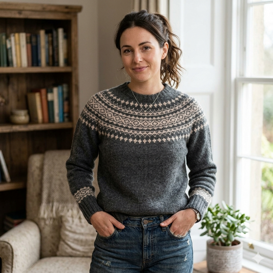 Harley of Scotland | Fair Isle Sweater - Spruce & Putty