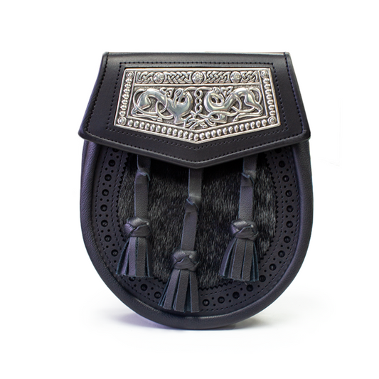 Day Sporran | Black Leather and Seal Sporran with Celtic Dog Design on Flap