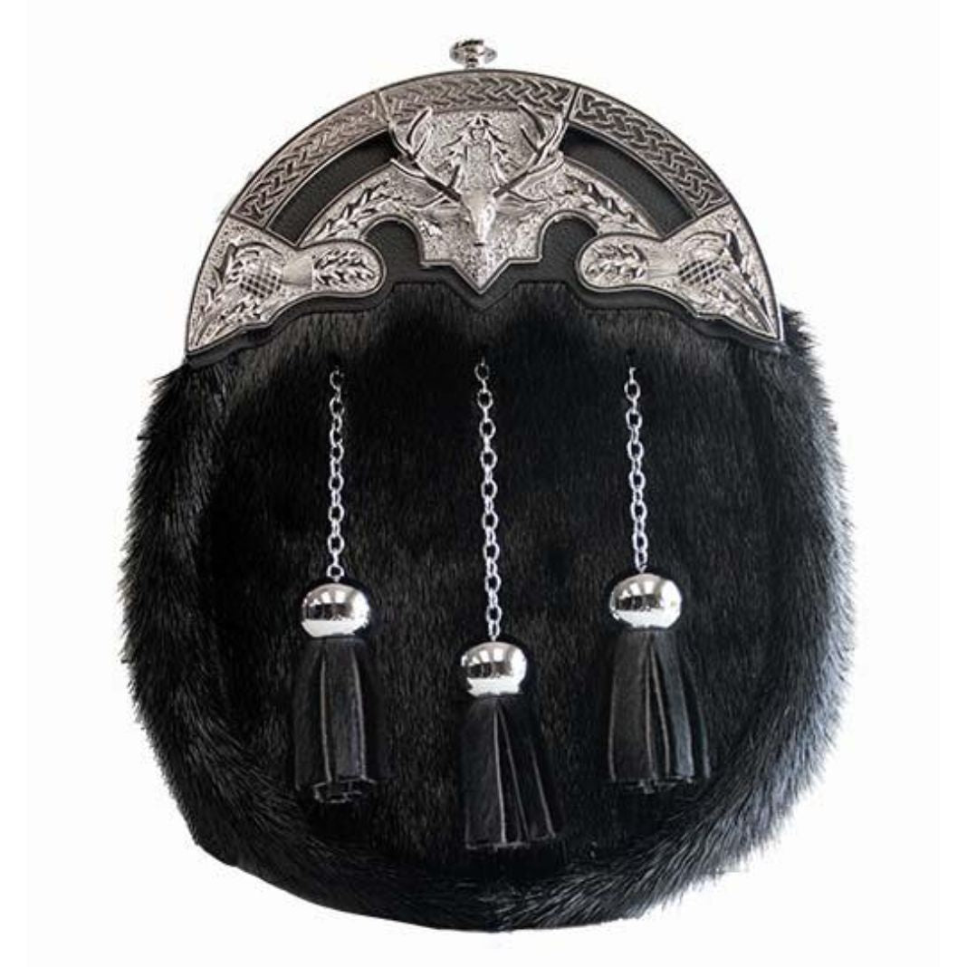 Formal Dress Sporran | Black with Polished Pewter Stag Cantle