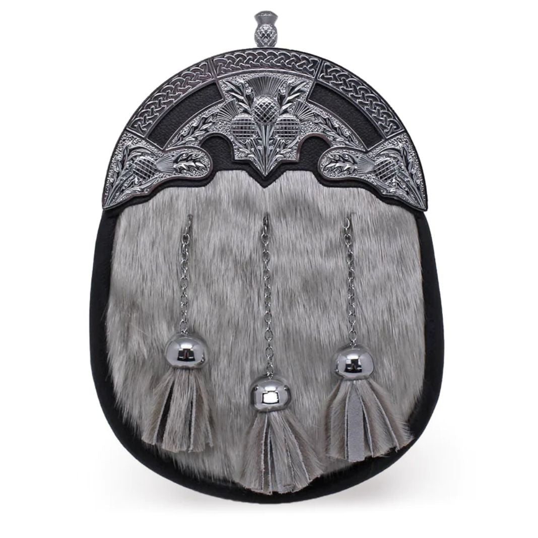 Semi-formal Sporran | Black Leather & Natural Hide - Chrome Mantle