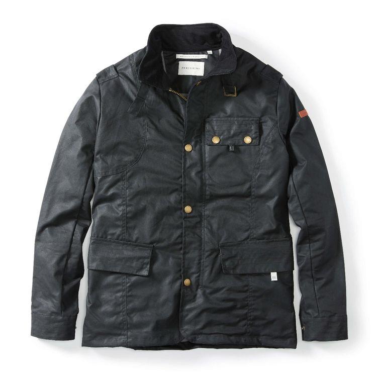 A black Peregrine Bexley jacket with brass stud closures, multiple pockets, and a collar.