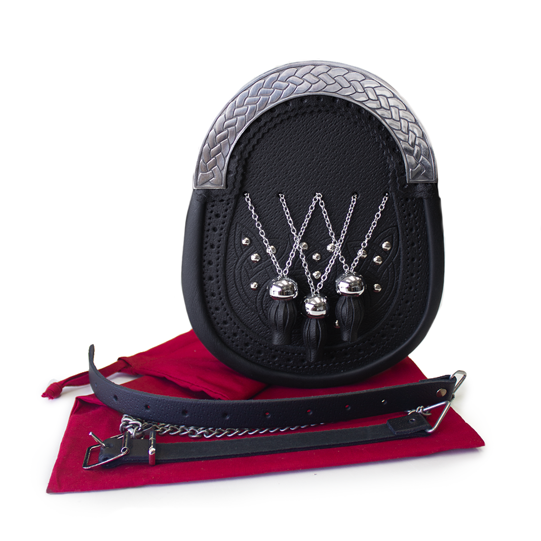 Formal Dress Sporran | 3 Chained Tassel Leather, Celtic Design, suede interior
