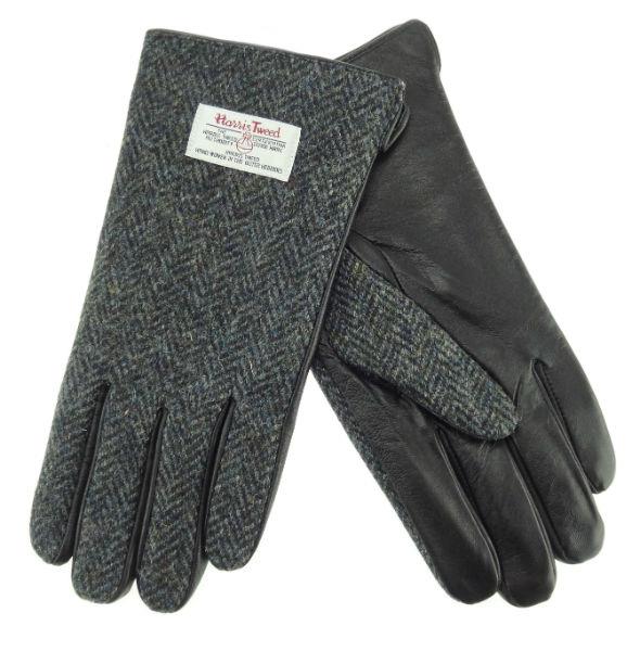 Harris Tweed | Men's Leather Gloves- Blue & Black Herringbone