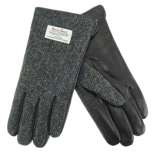 Harris Tweed | Men's Leather Gloves- Blue & Black Herringbone
